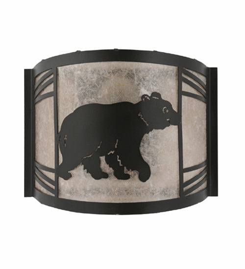 Meyda Lighting Happy Bear on the Loose 12" Textured Black Right Wall Sconce With Silver Mica Shade Glass