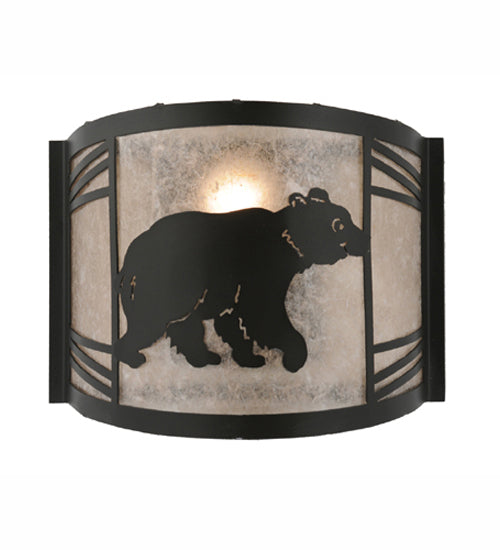 Meyda Lighting Happy Bear on the Loose 12" Textured Black Right Wall Sconce With Silver Mica Shade Glass