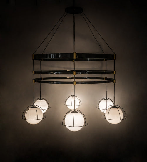 Meyda Lighting Heliocentricity 116" 6-Light Mirror Black & Goldtastic Chandelier With White Statuario Idalight Shade Glass