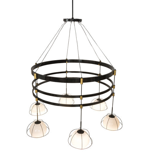 Meyda Lighting Heliocentricity 116" 6-Light Mirror Black & Goldtastic Chandelier With White Statuario Idalight Shade Glass