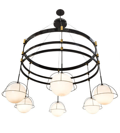 Meyda Lighting Heliocentricity 116" 6-Light Mirror Black & Goldtastic Chandelier With White Statuario Idalight Shade Glass