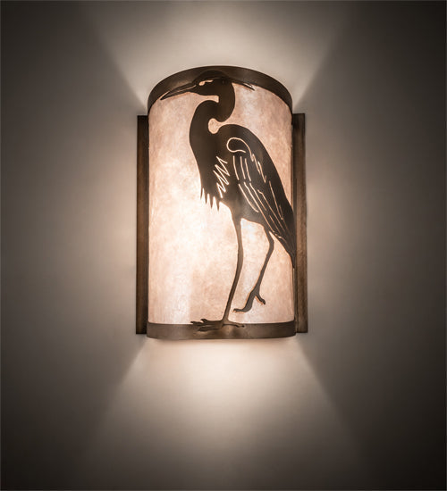 Meyda Lighting Heron 8" Antique Copper Left Wall Sconce With Silver Mica Shade Glass