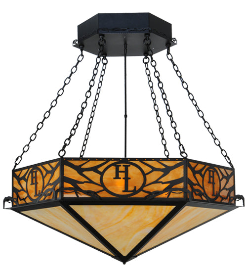 Meyda Lighting Hexagon 48" 6-Light Black Inverted Pendant Light With Beige Shade Glass and HL Logo