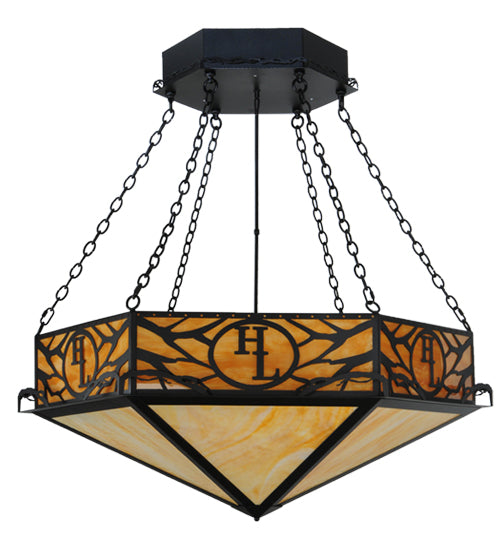 Meyda Lighting Hexagon 48" 6-Light Black Inverted Pendant Light With Beige Shade Glass and HL Logo