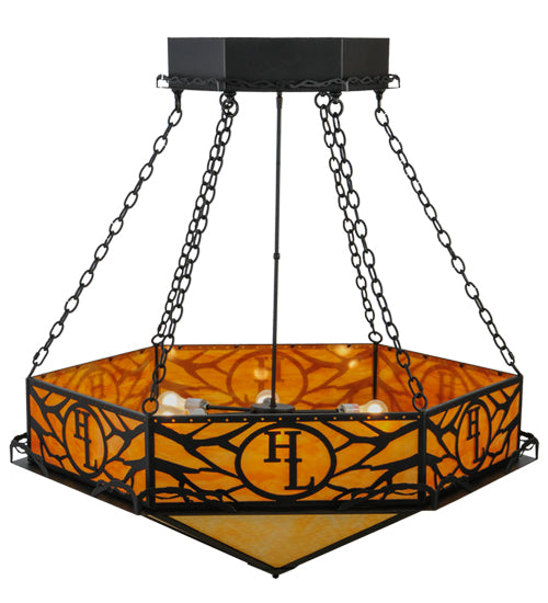 Meyda Lighting Hexagon 48" 6-Light Black Inverted Pendant Light With Beige Shade Glass and HL Logo