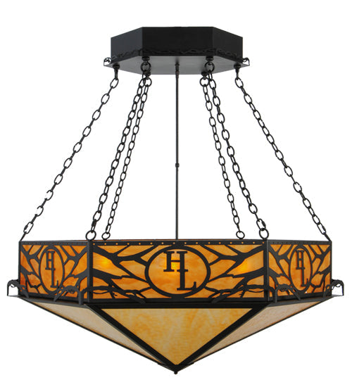 Meyda Lighting Hexagon 48" 6-Light Black Inverted Pendant Light With Beige Shade Glass and HL Logo