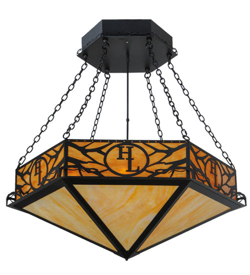Meyda Lighting Hexagon 48" 6-Light Black Inverted Pendant Light With Beige Shade Glass and HL Logo