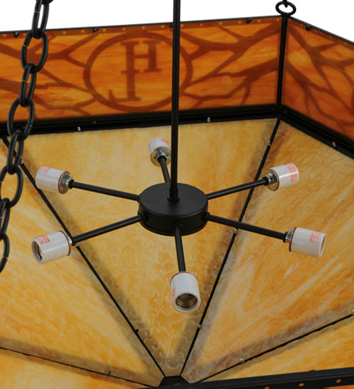 Meyda Lighting Hexagon 48" 6-Light Black Inverted Pendant Light With Beige Shade Glass and HL Logo