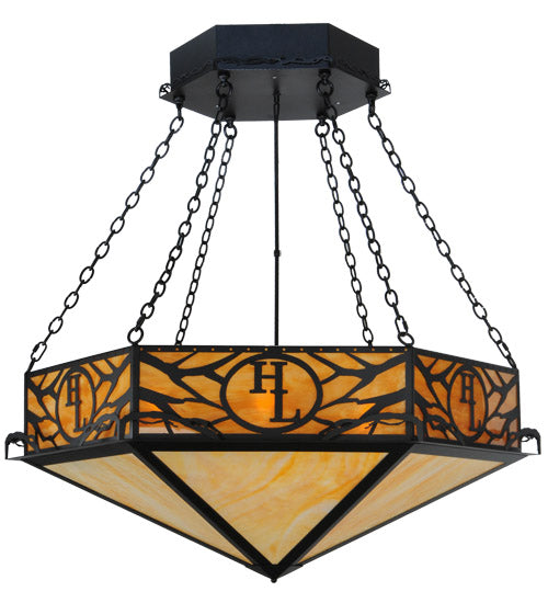 Meyda Lighting Hexagon 48" 6-Light Black Inverted Pendant Light With Beige Shade Glass and HL Logo