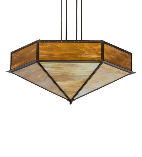 Meyda Lighting Hexagon 51" 6-Light Antique Copper Inverted Pendant Light With Multi-Colored Shade Glass