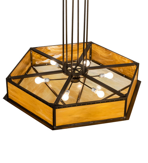 Meyda Lighting Hexagon 51" 6-Light Antique Copper Inverted Pendant Light With Multi-Colored Shade Glass