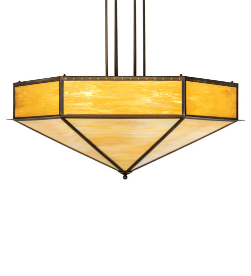 Meyda Lighting Hexagon 51" 6-Light Antique Copper Inverted Pendant Light With Multi-Colored Shade Glass