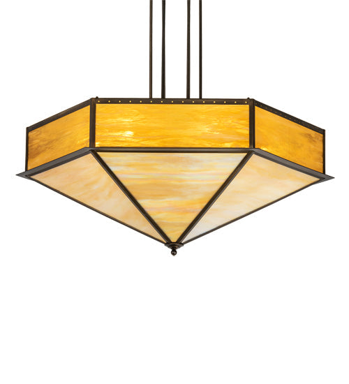 Meyda Lighting Hexagon 51" 6-Light Antique Copper Inverted Pendant Light With Multi-Colored Shade Glass