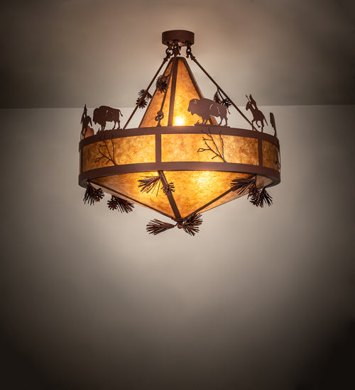 Meyda Lighting High Plains Rider and The Herd 240499 36" 5-Light Rust Pendant Light With Amber Mica Shade Glass