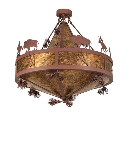 Meyda Lighting High Plains Rider and The Herd 240499 36" 5-Light Rust Pendant Light With Amber Mica Shade Glass