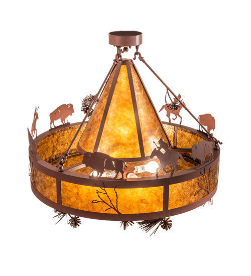Meyda Lighting High Plains Rider and The Herd 240499 36" 5-Light Rust Pendant Light With Amber Mica Shade Glass
