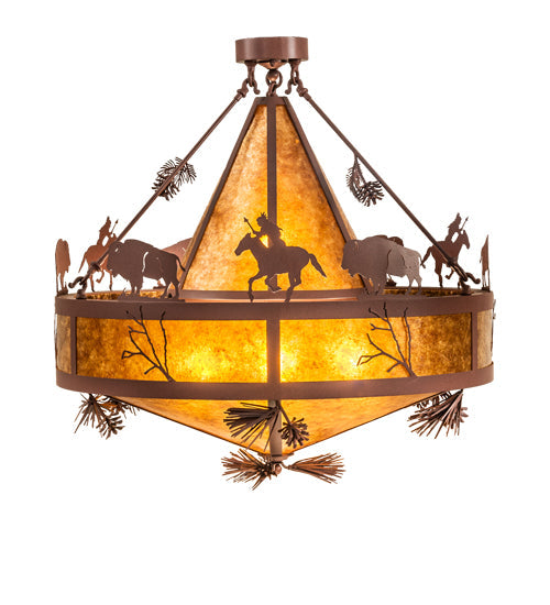 Meyda Lighting High Plains Rider and The Herd 240499 36" 5-Light Rust Pendant Light With Amber Mica Shade Glass