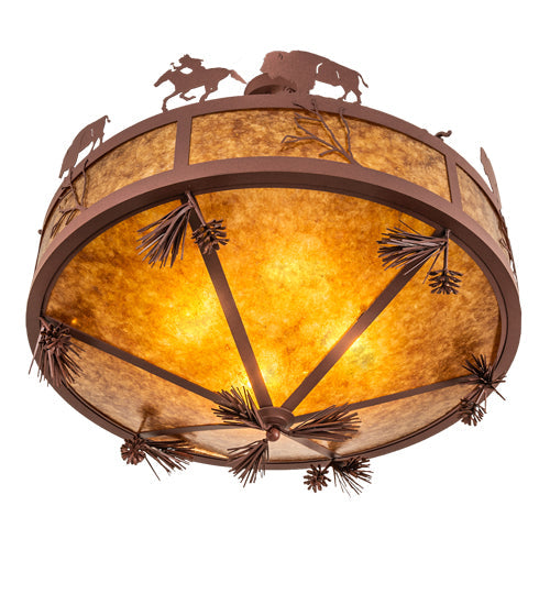 Meyda Lighting High Plains Rider and The Herd 240499 36" 5-Light Rust Pendant Light With Amber Mica Shade Glass