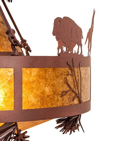 Meyda Lighting High Plains Rider and The Herd 240499 36" 5-Light Rust Pendant Light With Amber Mica Shade Glass