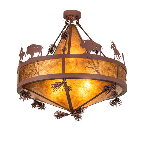 Meyda Lighting High Plains Rider and The Herd 240499 36" 5-Light Rust Pendant Light With Amber Mica Shade Glass