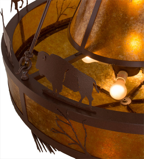 Meyda Lighting High Plains Rider and The Herd 36" 5-Light Rust Pendant Light With Amber Mica Shade Glass