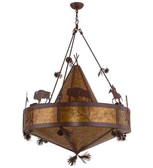 Meyda Lighting High Plains Rider and The Herd 36" 5-Light Rust Pendant Light With Amber Mica Shade Glass
