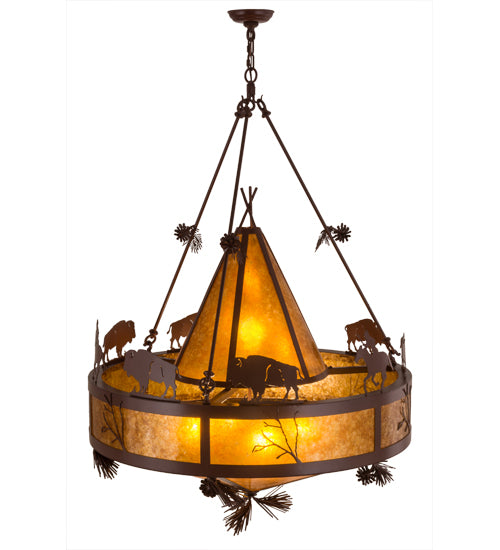 Meyda Lighting High Plains Rider and The Herd 36" 5-Light Rust Pendant Light With Amber Mica Shade Glass