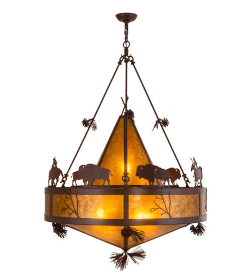 Meyda Lighting High Plains Rider and The Herd 36" 5-Light Rust Pendant Light With Amber Mica Shade Glass