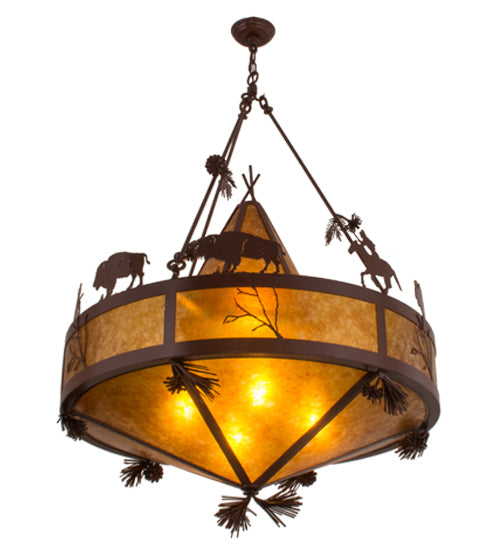 Meyda Lighting High Plains Rider and The Herd 36" 5-Light Rust Pendant Light With Amber Mica Shade Glass