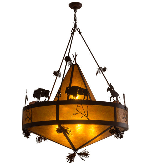 Meyda Lighting High Plains Rider and The Herd 36" 5-Light Rust Pendant Light With Amber Mica Shade Glass