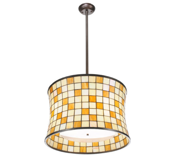 Meyda Lighting Hilton Barrel 20" 4-Light Craftsman Brown Pendant Light With Beige & Honey Art Shade Glass
