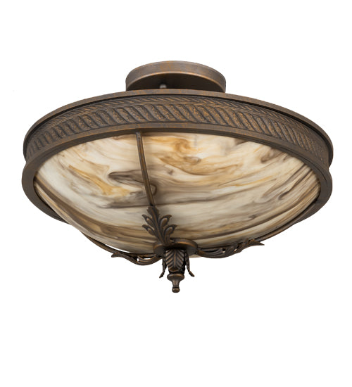 Meyda Lighting Hoja 15" 3-Light French Bronze Semi-flush Mount Light With Travertine Idalight Shade