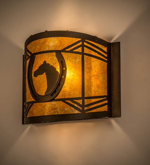 Meyda Lighting Horseshoe 12" Antique Copper Wall Sconce With Amber Mica Shade Glass