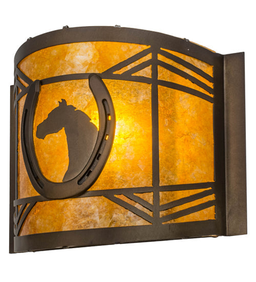 Meyda Lighting Horseshoe 12" Antique Copper Wall Sconce With Amber Mica Shade Glass