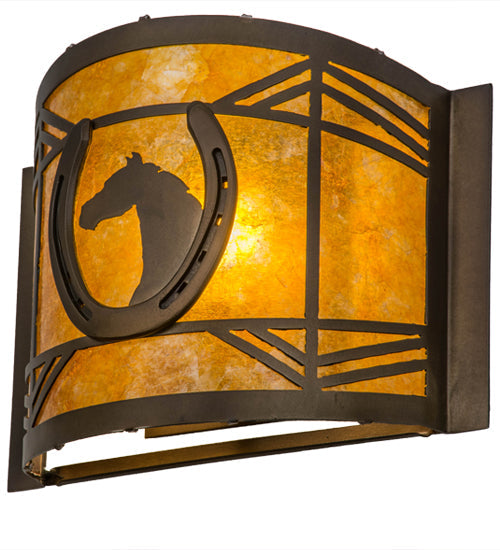 Meyda Lighting Horseshoe 12" Antique Copper Wall Sconce With Amber Mica Shade Glass