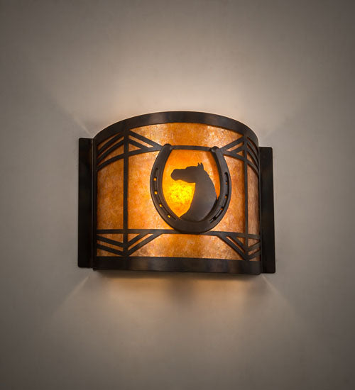 Meyda Lighting Horseshoe 12" Dark Burnished Antique Copper Wall Sconce With Amber Mica Shade Glass