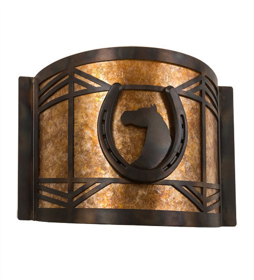Meyda Lighting Horseshoe 12" Dark Burnished Antique Copper Wall Sconce With Amber Mica Shade Glass