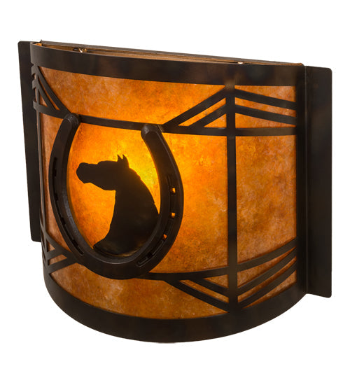 Meyda Lighting Horseshoe 12" Dark Burnished Antique Copper Wall Sconce With Amber Mica Shade Glass