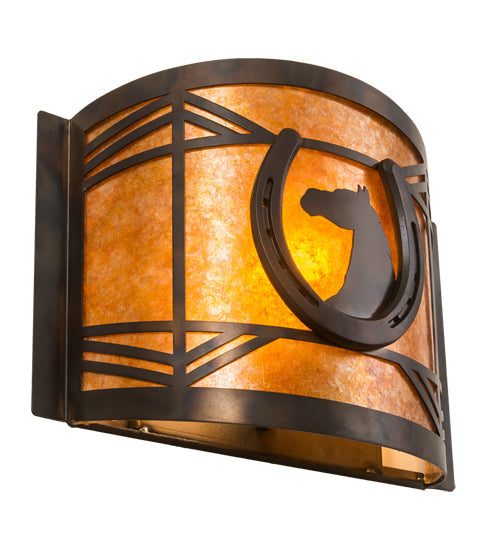 Meyda Lighting Horseshoe 12" Dark Burnished Antique Copper Wall Sconce With Amber Mica Shade Glass
