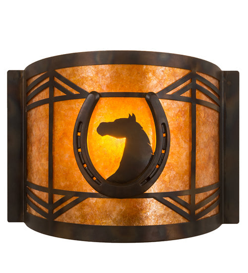 Meyda Lighting Horseshoe 12" Dark Burnished Antique Copper Wall Sconce With Amber Mica Shade Glass