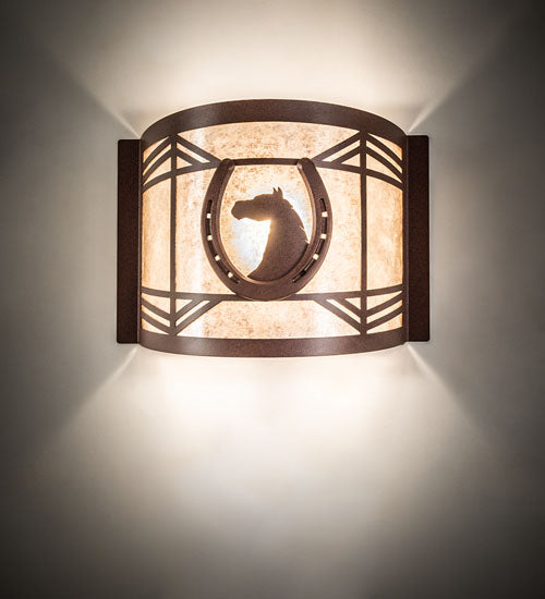 Meyda Lighting Horseshoe 12" Rust Wall Sconce With Silver Mica Shade Glass
