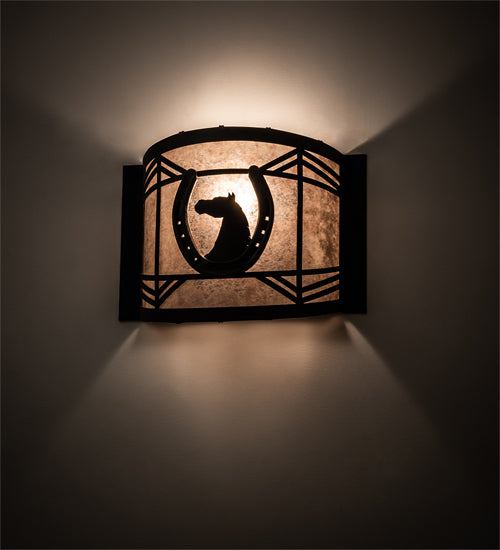 Meyda Lighting Horseshoe 12" Textured Black Wall Sconce With Silver Mica Shade Glass