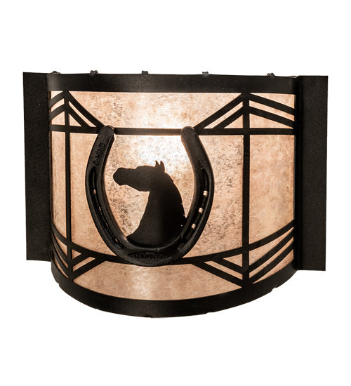 Meyda Lighting Horseshoe 12" Textured Black Wall Sconce With Silver Mica Shade Glass