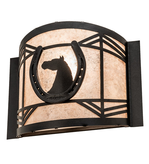 Meyda Lighting Horseshoe 12" Textured Black Wall Sconce With Silver Mica Shade Glass