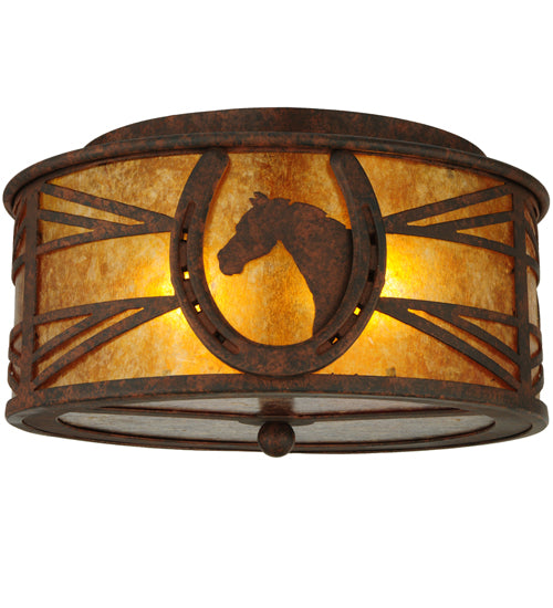 Meyda Lighting Horseshoe 14" 2-Light Rusty Nail Flush Mount Light With Amber Mica Shade Glass