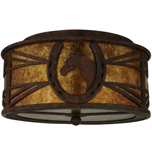 Meyda Lighting Horseshoe 14" 2-Light Rusty Nail Flush Mount Light With Amber Mica Shade Glass