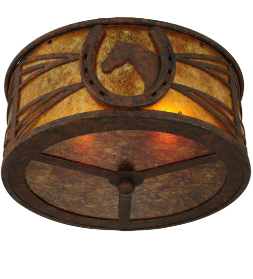 Meyda Lighting Horseshoe 14" 2-Light Rusty Nail Flush Mount Light With Amber Mica Shade Glass