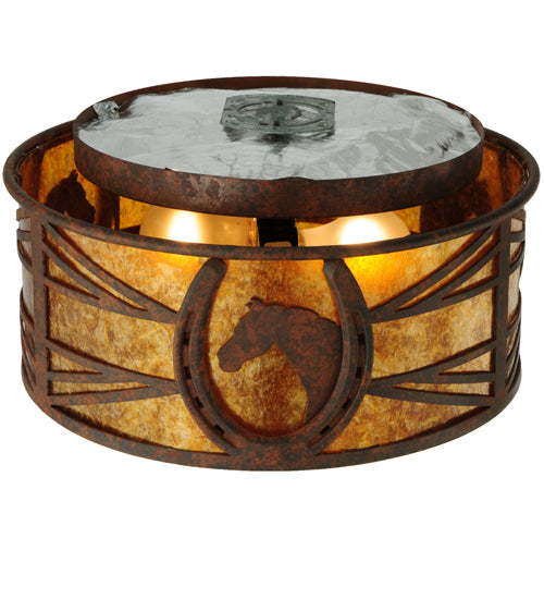 Meyda Lighting Horseshoe 14" 2-Light Rusty Nail Flush Mount Light With Amber Mica Shade Glass