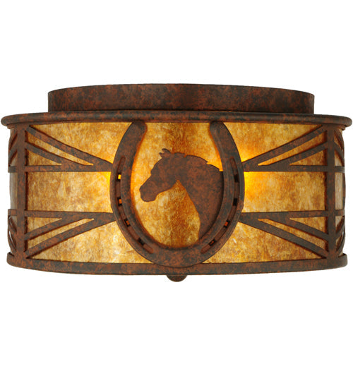 Meyda Lighting Horseshoe 14" 2-Light Rusty Nail Flush Mount Light With Amber Mica Shade Glass