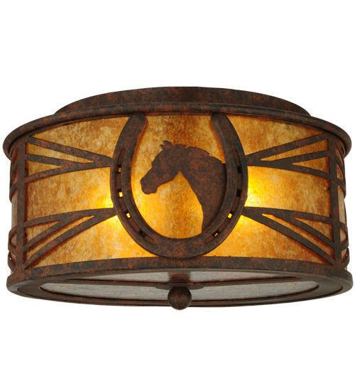 Meyda Lighting Horseshoe 14" 2-Light Rusty Nail Flush Mount Light With Amber Mica Shade Glass